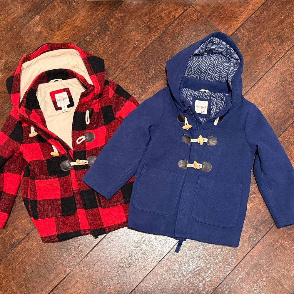 Cat & Jack 4T Buffalo Plaid & Navy Pea Coats with Toggle Buttons